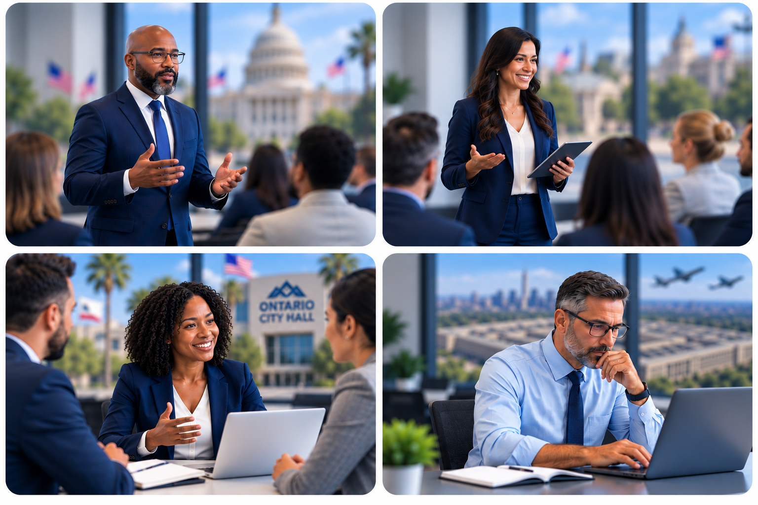 MILD professionals in navy and blue attire advising government and defense organizations, with the U.S. Capitol, a state capitol, Ontario City Hall in California, and the Pentagon visible in the background