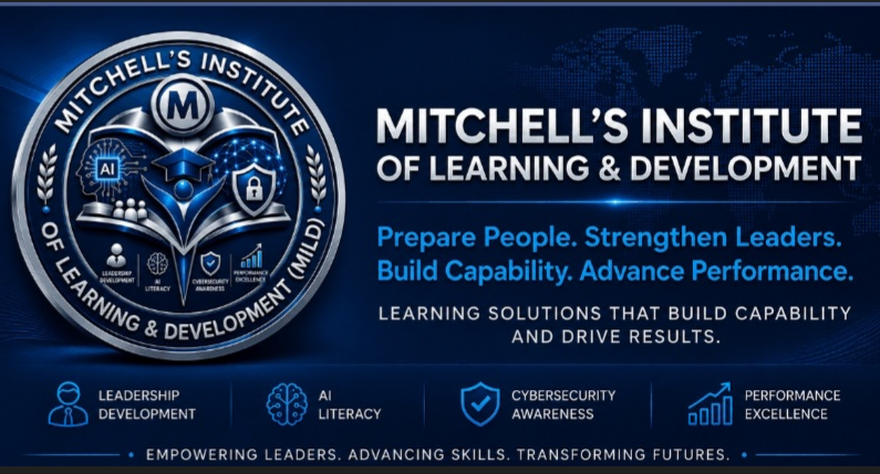 Mitchell's Institute of Learning & Development brand mark with AI, leadership development, cybersecurity awareness and performance excellence capability emblems.