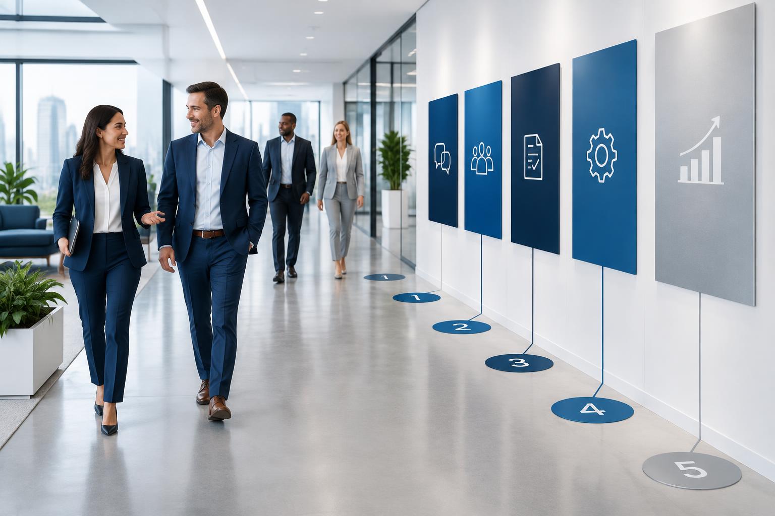 Professionals walking a staged five-step journey path through a modern office