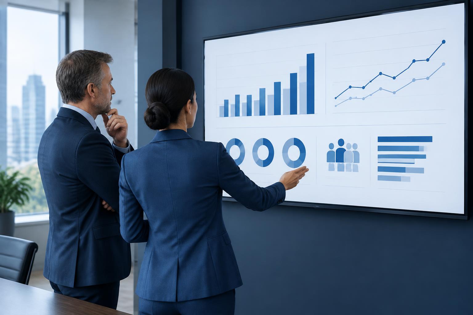 Leaders reviewing an abstract workforce insight dashboard on a wall screen